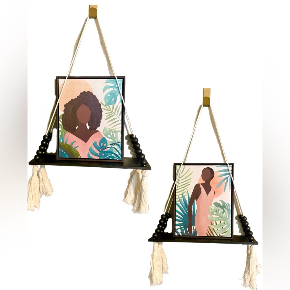 Black Natural Wood Hanging Wall Shelves with Tassels set (2)